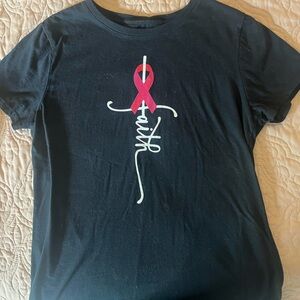 Gildan Black Tee with Pink Breast Cancer Ribbon with White Faith Design